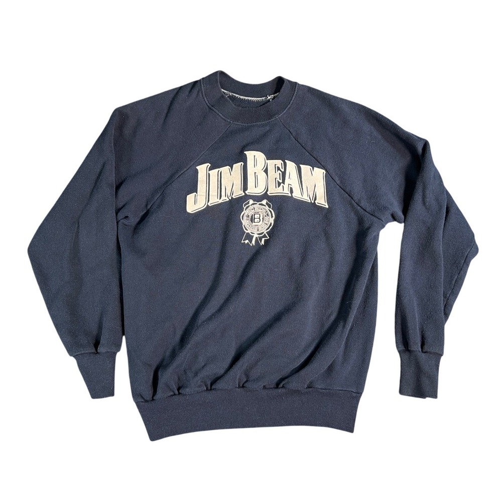 Vintage Jim Beam Sweatshirt Mens Small Blue Graphic Raglan Pullover Crewneck 80s